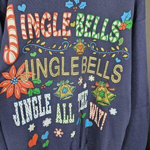 Hanes Sweatshirt Mens Large Blue Christmas Jingle Bells Glitter Graphic Pullover